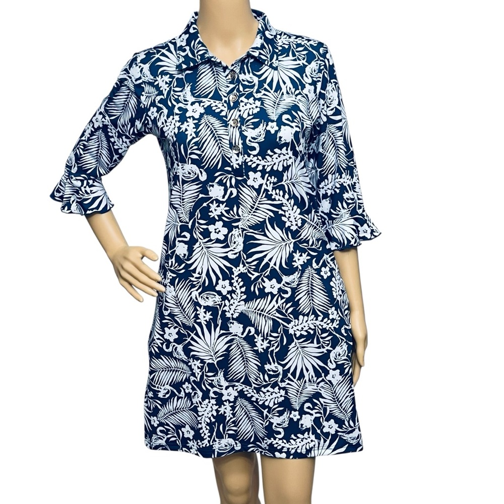 Ana Clare Dress UPF 50+ Tropical Floral Print Gold/Button 3/4 Ruffle Sleeve Sz S